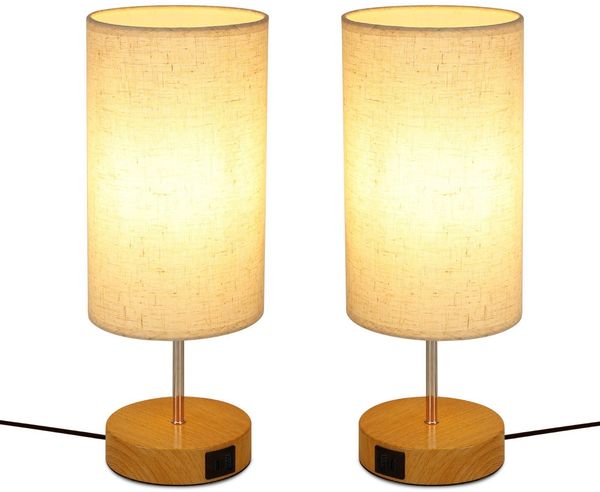 ZMH Nachttischlampe Touch Tischlampe 2ER - Dimmbar Warmweiß Licht mit Stoff Lampenschirm USB Ladefunktion Rund für Modern Deko Schlafzimmer Wohnzimmer Nachttisch Geschenk Esszimmer