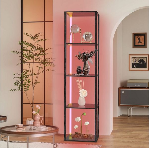 XERSEK Eckregal LED Standregal Bücherregal Vitrine Dimmbar mit APP & Fernbedienung, Metallrahmen Regal 4-6 Ablagen, Für Wohnzimmer / Schlafzimmer / Flur / Büro