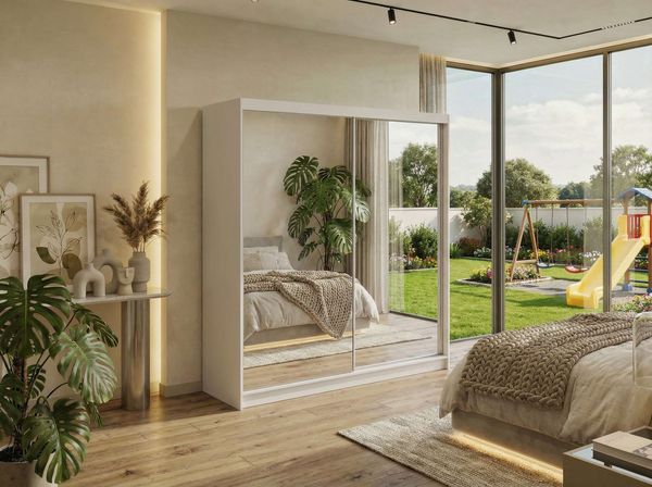 Schwebetürenschrank DUBROWNIK mit großer Spiegelfront, moderner Kleiderschrank, Breite 200 cm - Weiß