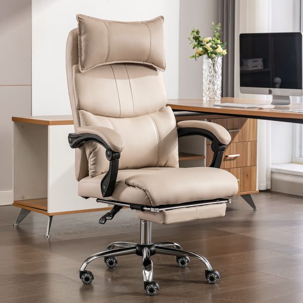 Bürostuhl, Technikstoff mit verstellbarer Lendenstütze & Fußstütze, 120x65x48, Beige
