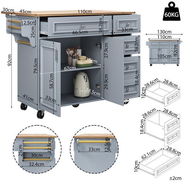 Celya Küchenwagen Kücheninsel(110×45-75×92cm), Buffetschrank mit klappbare Tischplatte, (Küchensiland, Küchenschrank, Abnehmbare Servierwagen buffetschrank, Multifunktionale Esstisch mit Speicherraum), Servierwagen mit 5 Schubladen und 2 Türen,Blau
