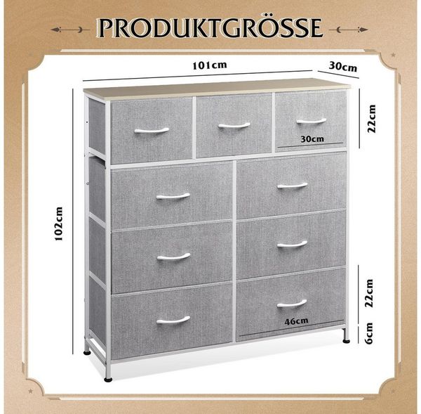 WLIVE Kommode mit 9 Stoffschubladen, Schubladenkommode 100 × 30 × 102 cm (Stauraumschrank Kommode mit Stoffschubladen), Modernes Sideboard, 100 × 30 × 102 cm, Vintagebraun-Schwarz Bild 3