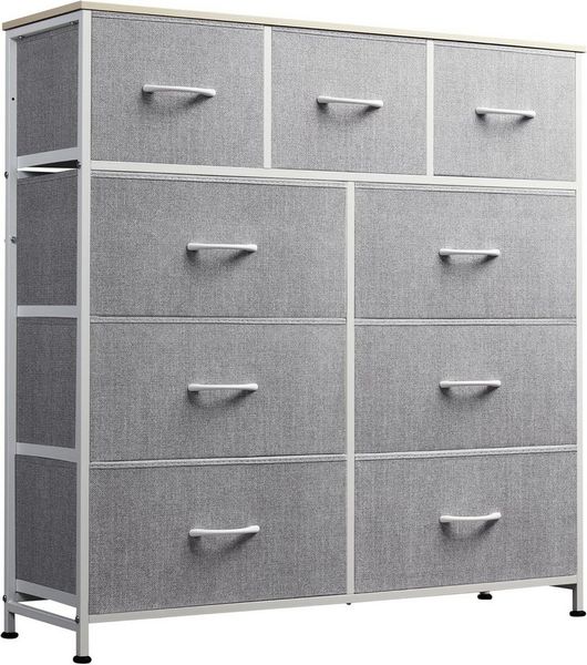 WLIVE Kommode kleiderschrank, 9 Schubladen mit Griffen, (Stauraumschrank Kommode mit Stoffschubladen), Modernes Sideboard, 100 × 30 × 102 cm, Vintagebraun-Schwarz