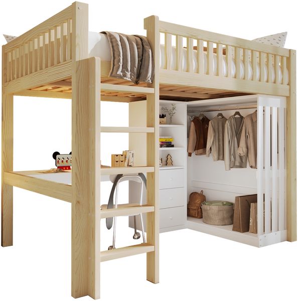 Hochbett, 140*200cm , Schreibtisch, Kleiderschrank, 3 Schubladen, offener Stauraum, Geländer, Treppe, Ohne Matratze, Natur