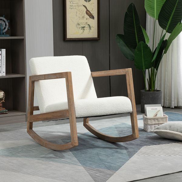 Sessel 60x81x71 cm, Schaukelstuhl gepolstert, cremeweiß mit Holzgestell