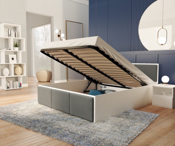 FDM Stauraumbett mit Bettkasten und Lattenrost 120x200, 140x200, 160x200, 180x200cm (Mit MATRATZE - Bettrahmen mit Bettkasten für viel Stauraum, MADE IN EU - in Grau,Weiß oder Eiche Braun, ideal für Paare), Metallrahmen mit hydraulischer Klappfunktion