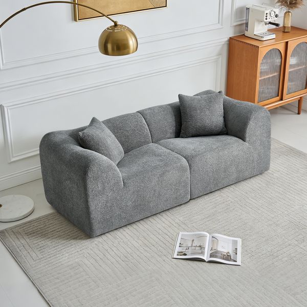 Sofa 193 x 87 x 67 cm mit Sitzfläche 126x55 cm, Grau, Samtstoff, 2-Sitzer mit Schaumstoffpolsterung und Kissen