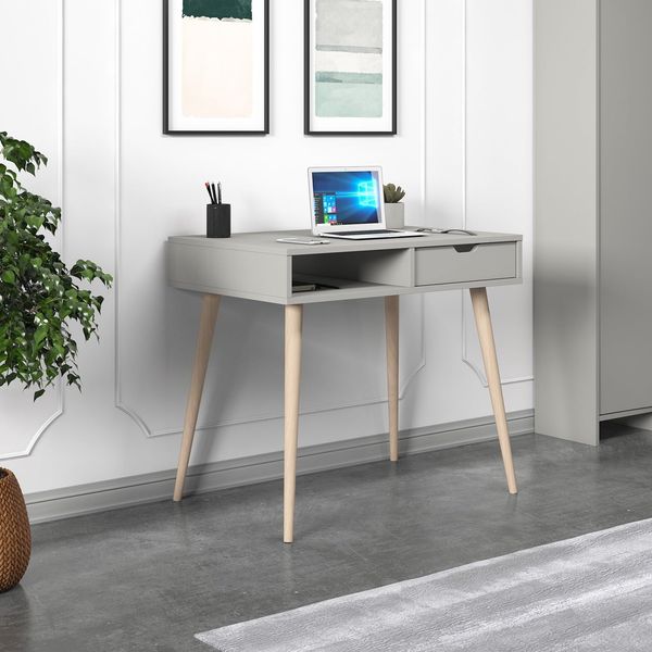 Stylish Study Desk with Wall-Mount Option, Grey & Wood Finish, 90 x 80 x 60 cm | 100% Melamine Coated, 18 mm Thick, Multiple Shelves for Organization