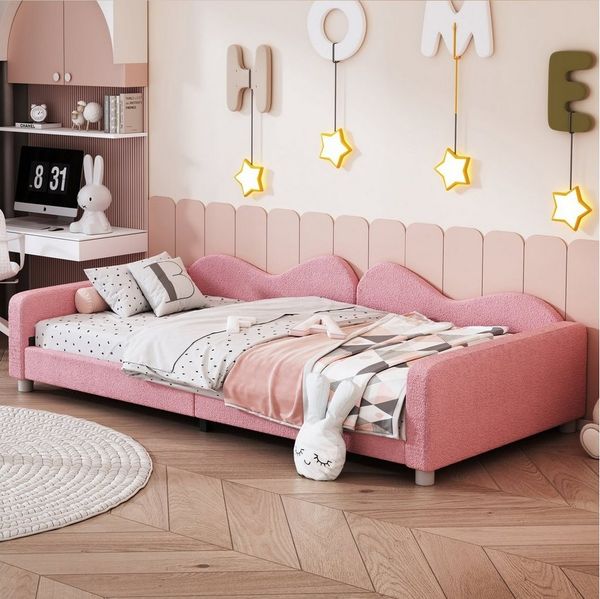 Flieks Polsterbett, Teddy-Samt Kinderbett Einzelbett Schlafsofa mit Lattenrost 90x200cm