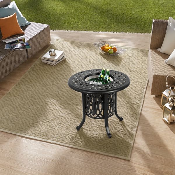 Flieks Beistelltisch Outdoor, Aluminium Gartentisch rund Ø55cm, mit integriertem Eiseimer, wetterfest rostfrei, Schwarz