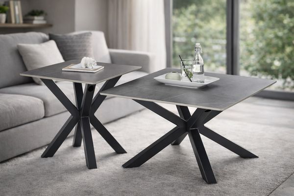 Couchtisch >Janin< (2er-Set) Steinoptik-grau / schwarz- 80x45x80 / 55x55x55 (B/H/T)