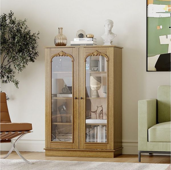 FUFU&GAGA Stauraumvitrine Vitrine mit Glastüren, Kiefer Massivholz, Natur, 80×40×120 cm