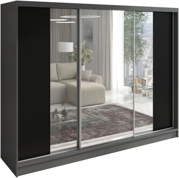 A&J MöbelLand Schwebetürenschrank VIDA 200 cm 3-türig Schrank mit Schubladen und Spiegel