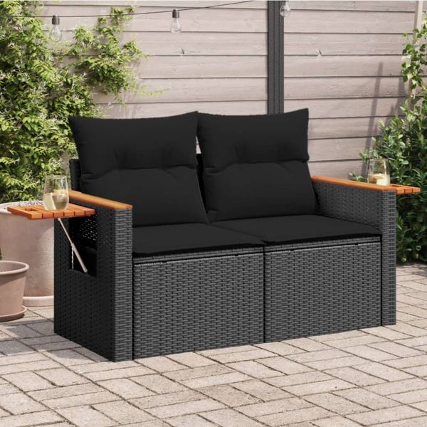vidaXL Gartensofa mit Kissen 2-Sitzer Schwarz Poly Rattan 365978