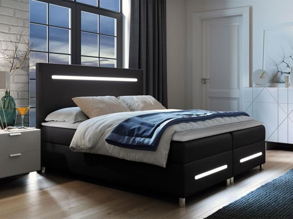 Boxspringbett Saziro LED, Schwarz, 160 x 200 cm