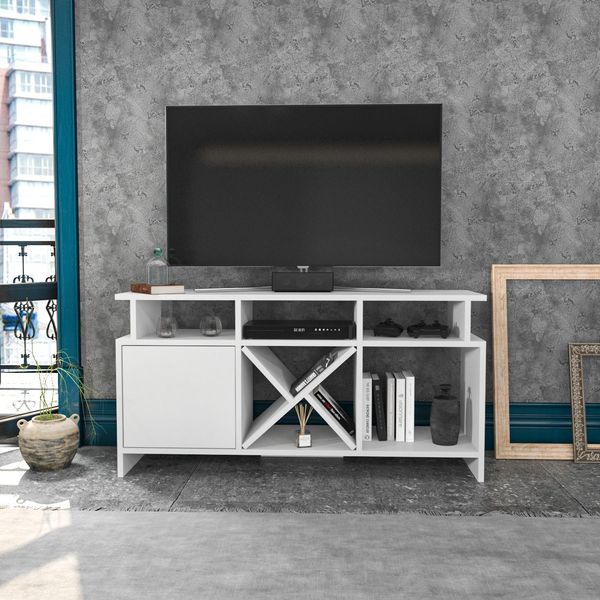 Hanah Home Modern White TV Stand, 120 cm, 100% Melamine Coated Particle Board, 18 mm Thick | Stylish & Functional Design for Living Room & Entertainment Spaces