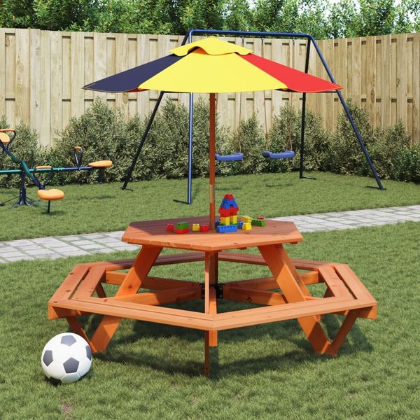 Gartentische, Picknicktisch für 6 Kinder mit Sonnenschirm Sechseckig Tanne