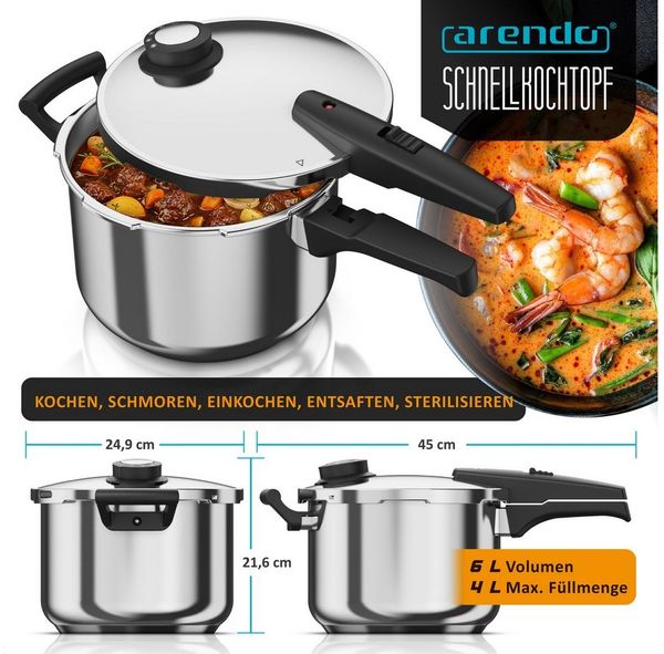 Arendo Schnellkochtopf Edelstahl Dampfkochtopf 6 Liter mit Sicherheitssystem, 5 Kochvarianten, Edelstahl (1-tlg), Dampfgaren, Einkochen, Für Induktionsherde, Gasherde und Ceranfelder
