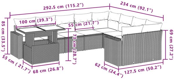 vidaXL 10-tlg. Garten-Sofagarnitur mit Kissen Grau Poly Rattan 3267510 Bild 11