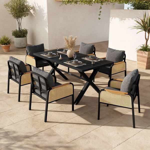 Modernes Outdoor-Sofa-Set , Freizeit- und Besprechungsset für mehrere Personen , Eisengestell , Geflochtene Armlehnen , Inklusive Sitzkissen