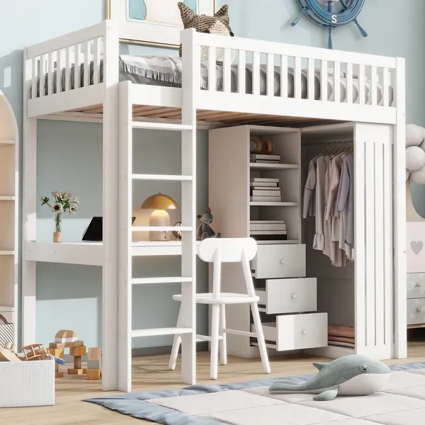 Hochbett mit Schreibtisch, Schubladen, Kleiderschrank, Regal und Rausfallschutz, 90x200 cm, Kinderbett, Kiefer