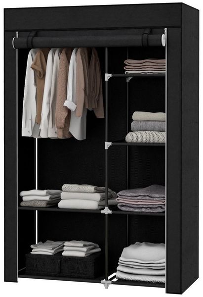 MODFU Stoffschrank Stoffkleiderschrank Schwarz, 103 x 43 x 162,5 cm, 6 Fächer, Vliesoptik (Packung, 1-St, Faltbare Faltgarderobe für Kleidung & Accessoires) Platzsparender Garderobenschrank für Schlafzimmer, WG & Camping