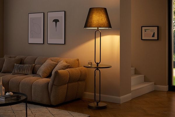 riess-ambiente Stehlampe SERVANT 175cm schwarz -Metall, Stoff, Tischablage, rund, Beistelltisch, Ein-/Ausschalter, ohne Leuchtmittel, Stehlampe mit Ablage - ideal für moderne Wohnzimmer und Schlafzimmer