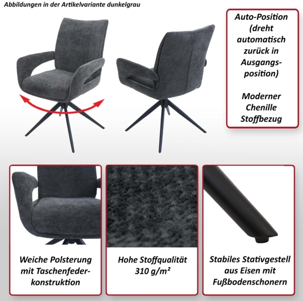 6er-Set Esszimmerstuhl HWC-O78, Küchenstuhl, drehbar Auto-Return, Stoff/Textil Chenille (310g/m²) Öko-Tex ~ senfgelb Bild 2