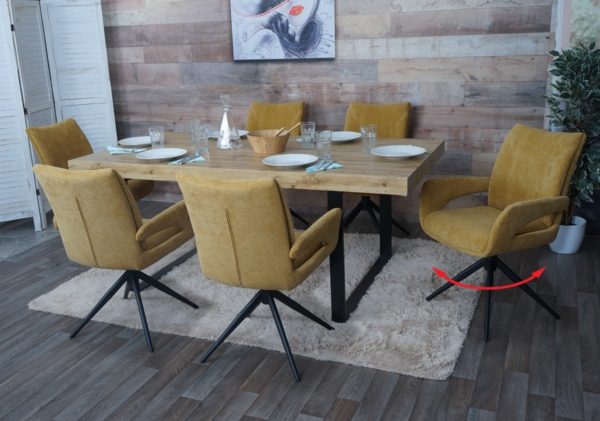 6er-Set Esszimmerstuhl HWC-O78, Küchenstuhl, drehbar Auto-Return, Stoff/Textil Chenille (310g/m²) Öko-Tex ~ senfgelb Bild 1