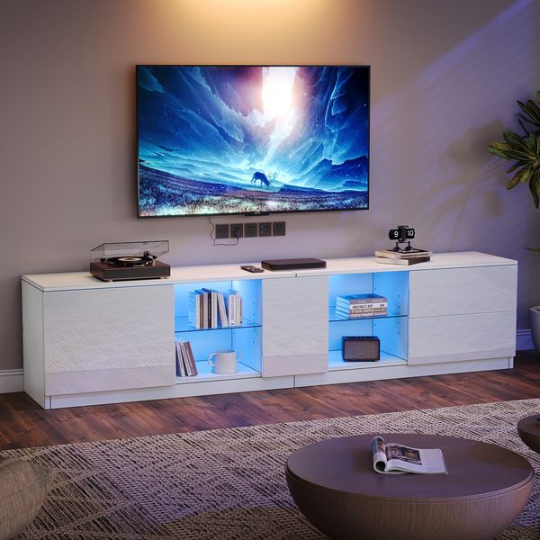 TV-Ständer, Hochglanz-Kommode Sideboard mit LED-Beleuchtung, Lowboard passend für 65" Fernseher für Wohnzimmer und Schlafzimmer, MDF, Weiß, 160x40x52cm