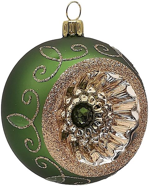 Reflexkugel Ø 8cm, grün Fichtengrün matt, Spitzenbordüre - Schatzhauser Weihnachtsschmuck