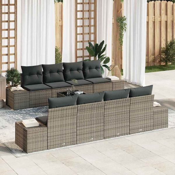 vidaXL Garten-Sofa-Set mit Kissen mit Speicher 8 pcs Grau Poly-Rattan 3355658