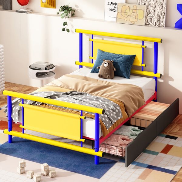 Metallbettgestell für Kinder 90*200 mit Schubladen, Metall-Plattformbett in leuchtenden Farben, robuste Stahlkonstruktion, Platzsparendes Einzelbett für Jungen und Mädchenzimmer