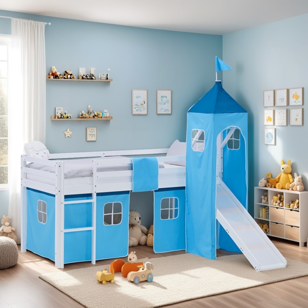 Hochbett Kinder 90x200 cm mit Rutsche Kinderbett Kinderhochbett Stockbett Vorhang Turm Blau Bild 2