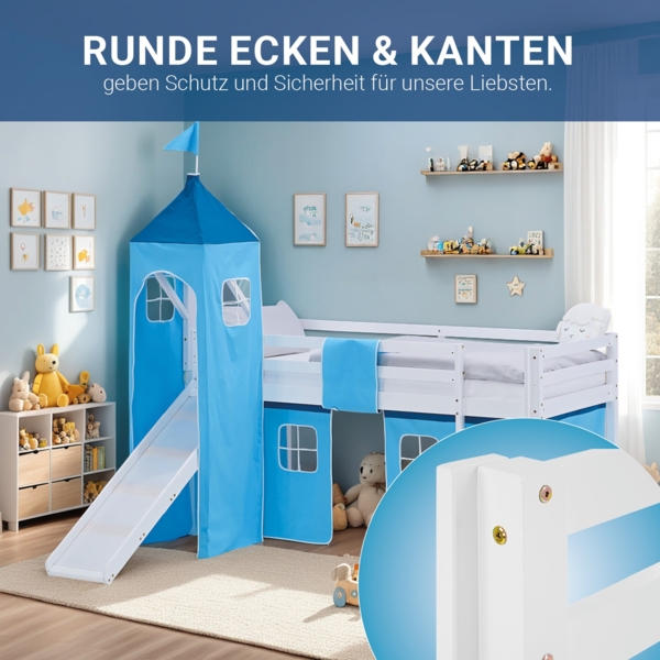 Hochbett Kinder 90x200 cm mit Rutsche Kinderbett Kinderhochbett Stockbett Vorhang Turm Blau Bild 7