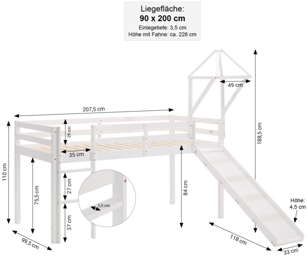 Hochbett Kinder 90x200 cm mit Rutsche Kinderbett Kinderhochbett Stockbett Vorhang Turm Blau Bild 3