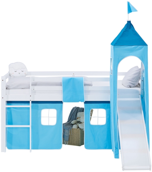 Hochbett Kinder 90x200 cm mit Rutsche Kinderbett Kinderhochbett Stockbett Vorhang Turm Blau Bild 9