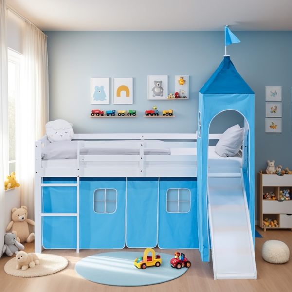 Hochbett Kinder 90x200 cm mit Rutsche Kinderbett Kinderhochbett Stockbett Vorhang Turm Blau Bild 8