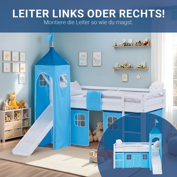 Hochbett Kinder 90x200 cm mit Rutsche Kinderbett Kinderhochbett Stockbett Vorhang Turm Blau Bild 6