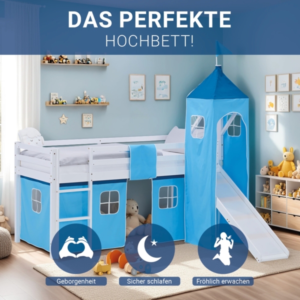 Hochbett Kinder 90x200 cm mit Rutsche Kinderbett Kinderhochbett Stockbett Vorhang Turm Blau Bild 4