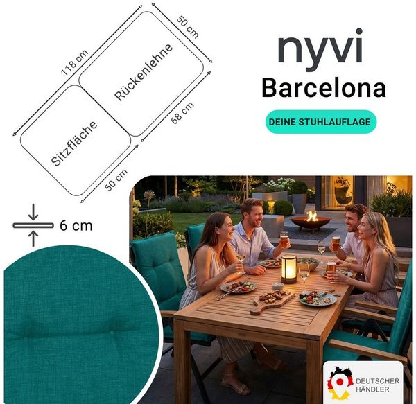 NYVI Hochlehnerauflage Hochlehner Auflagen 4er Set Barcelona - Gartenstuhlauflagen 118x50cm, (4 St), Stuhlauflage, Sitzauflage mit Halteband, UV-fest
