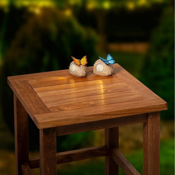 Lumineo LED Solarleuchte, Dauerlicht, warmweiß, LED Solar Figur mit Schmetterling 7x9cm Keramik 1 Stk. bunt / warmweiß
