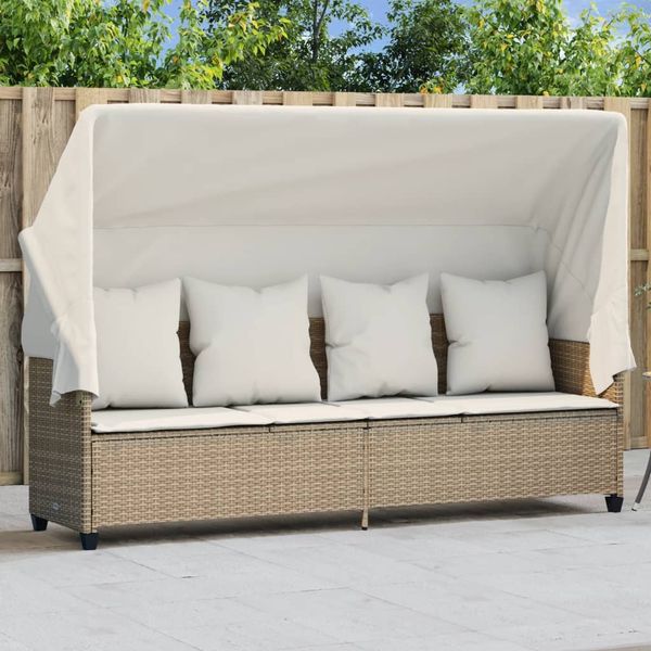 Sonnenliege, Gartenliege mit Dach und Kissen Beige Poly Rattan
