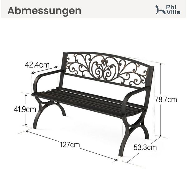 PHI VILLA Gartenbank (Gartenbank, Für den Außenbereich geeignete Bank für 2-3 Personen), Mit gusseiserner Rückenlehne und stabilem Stahlrahmen Bild 3