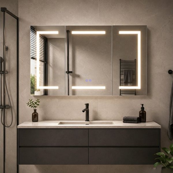Simurq Spiegelschrank Badezimmerspiegelschrank 3 türig Hängeschrank mit LED Beleuchtung (3 Farbtemperaturen Dimmbar) Badspiegelschrank 100 x 13,5 x 60 cm mit Steckdosen, Anti-Fog