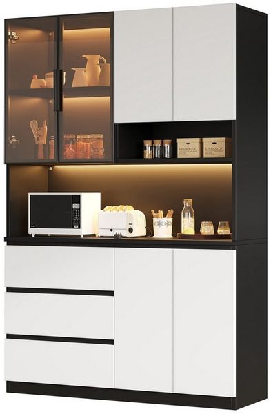 i@home Hochschrank Küchenschränke, Küchenvitrinen mit LED-Beleuchtung Multifunktionale Schränke mit 3 Schubladen, 6 Türen und Ablagebrettern