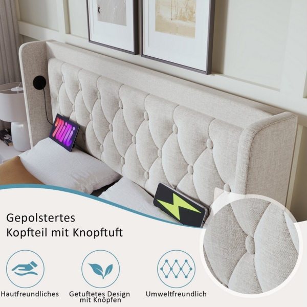 Flieks Polsterbett, LED Hydraulisches Stauraumbett Doppelbett 180x200cm mit Ladefunktion Bild 3
