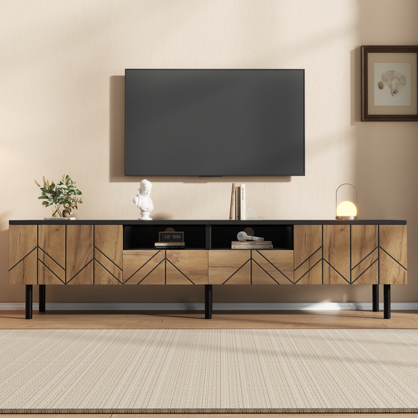 Merax TV-Schrank 180x40x45 cm mit Schubladen & Türen, Modernes Lowboard aus Spanplatte, Fernsehtisch für Wohnzimmer, bis 75kg belastbar, Schwarz-Holzoptik