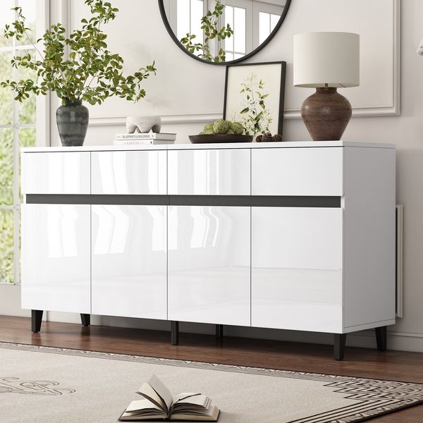 Sideboard 160x40x68 cm, Weiß mit Hochglanz-Fronten, 4 Schubladen & 2 Türen