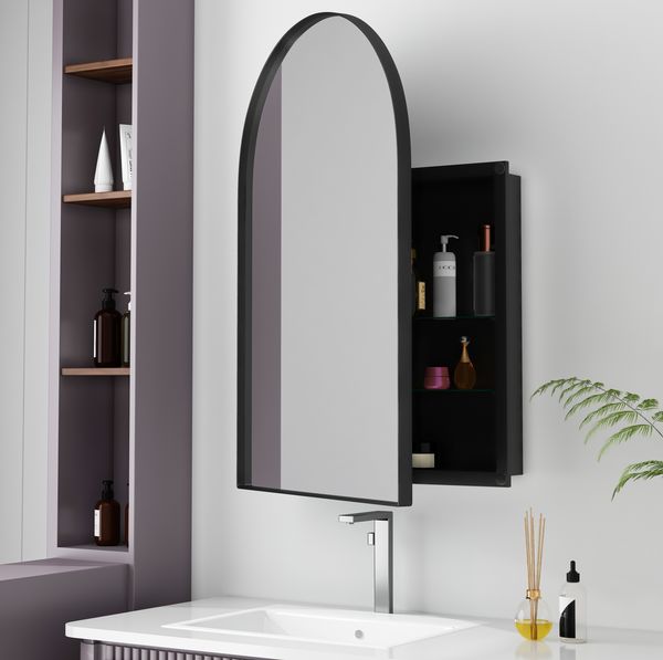 Spiegelschrank mit Metallrahmen in Schwarz, 91 x 61 x 12 cm – Badezimmerschrank mit Spiegel, 2 Glasböden, Wandmontage oder Einbau